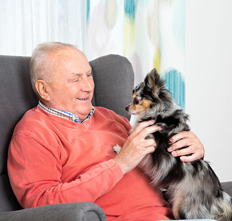 senior man petting his dog