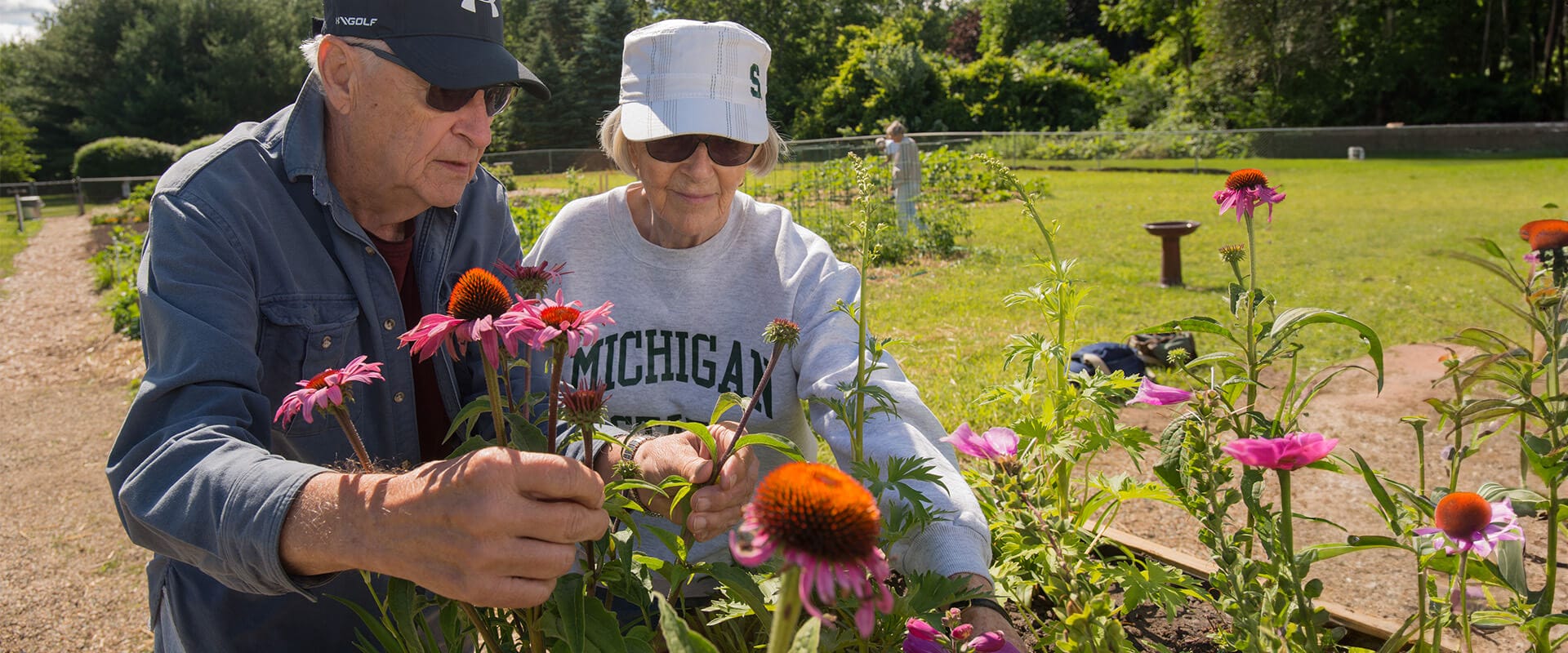 Two seniors gardening